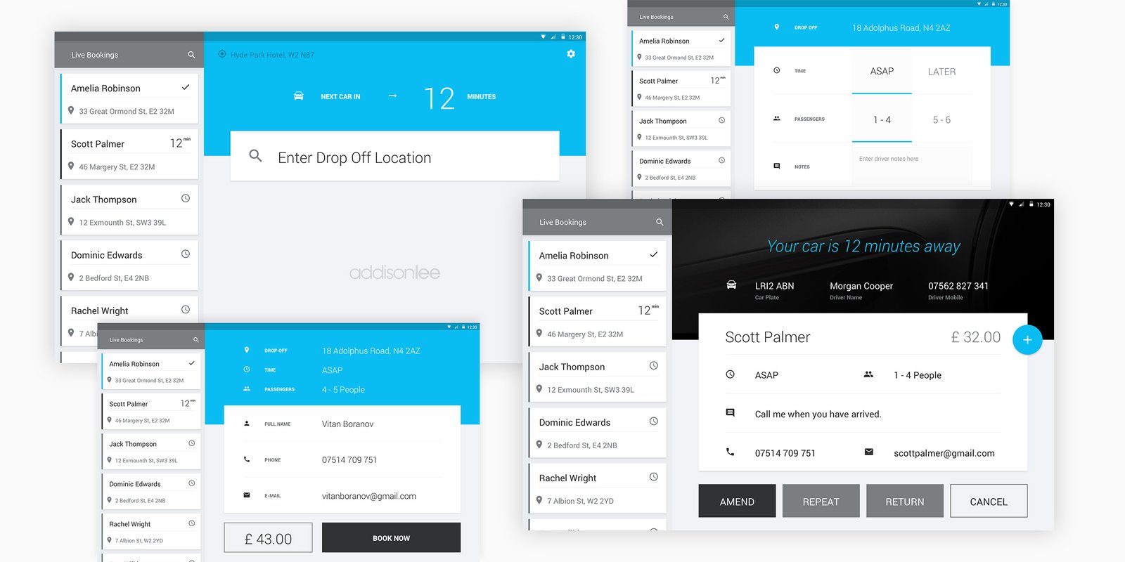 Addison Lee — detail screens