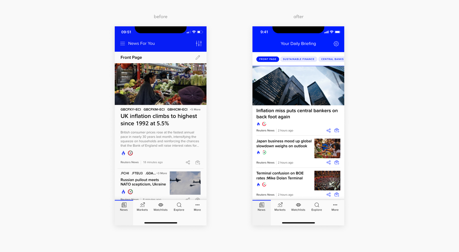 Revamped Dashboard — news before and after screens